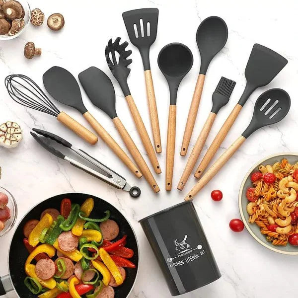 12 Pcs Silicone Cooking Utensils Kitchen Utensil Set | Heat Resistant Kitchen Non toxic Spatula Set with Turner Tongs,Spoon,Brush,Whisk-Wooden Handle – Random Color