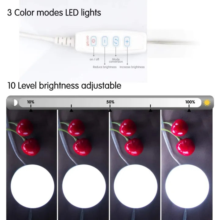 Vanity Mirror Fill Light Adjustable Luminance 3 Colors LED USB Wall Bulbs String For All Pretty 3 Colors Dimmable Vanity Light(10 Bulbs)