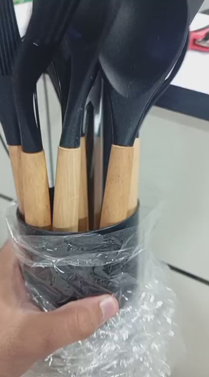 12 Pcs Silicone Cooking Utensils Kitchen Utensil Set | Heat Resistant Kitchen Non toxic Spatula Set with Turner Tongs,Spoon,Brush,Whisk-Wooden Handle – Random Color